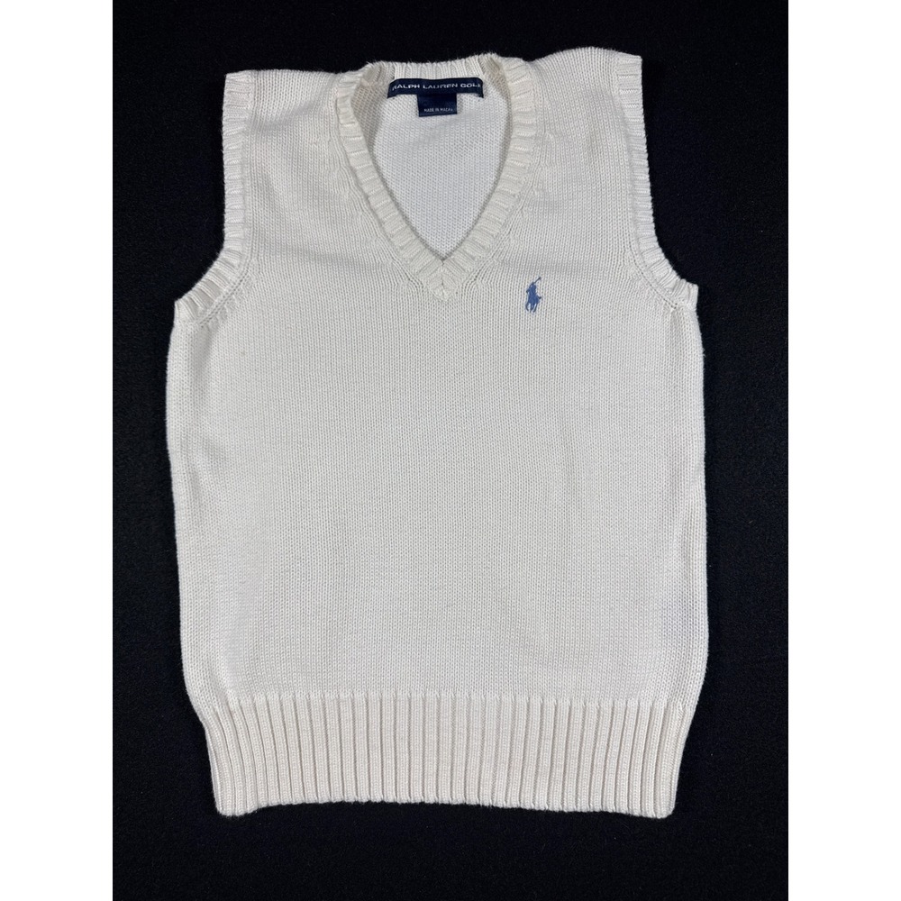 Ralph Lauren Golf Sweater Vest Womens Cream White V-Neck Knit Blue Pony Logo